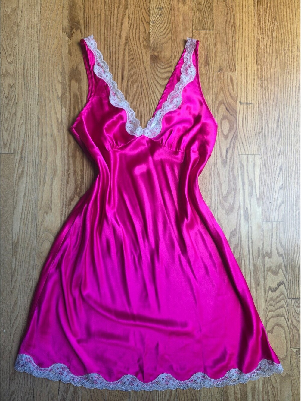 Victoria's Secret Hot Pink Satin Lace Chemise Mini Slip Dress Y2K Size M
